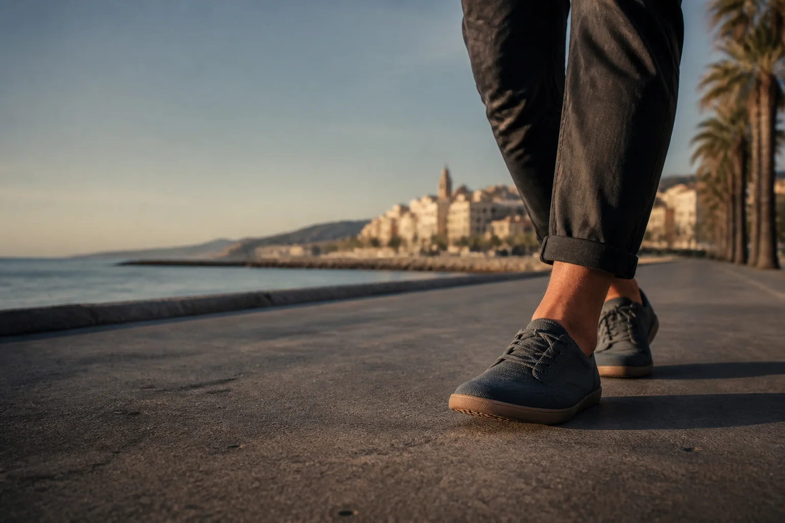 Persona caminando con calzado minimalista por un paseo mediterráneo